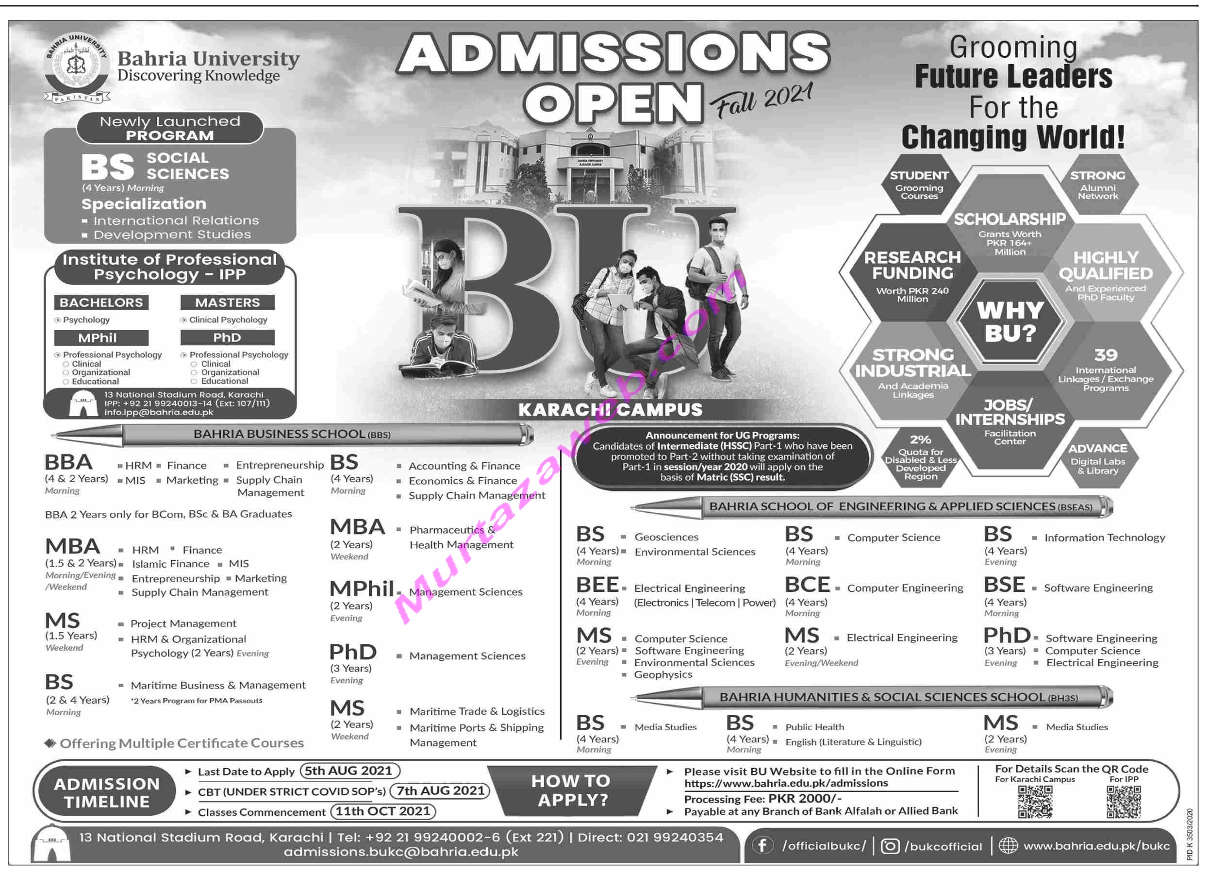 Admissions Bahria University 2021 For MBA M Phil BBA Etc Murtazaweb