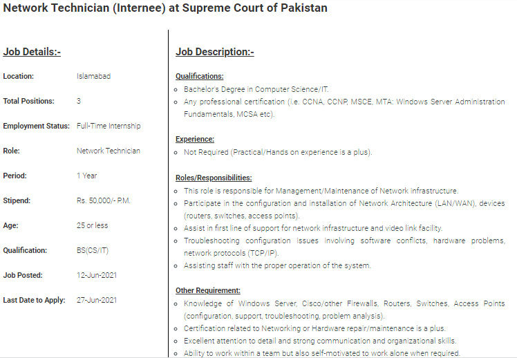 Supreme Court of Pakistan Jobs 2021 Technical Internship Program 2021
