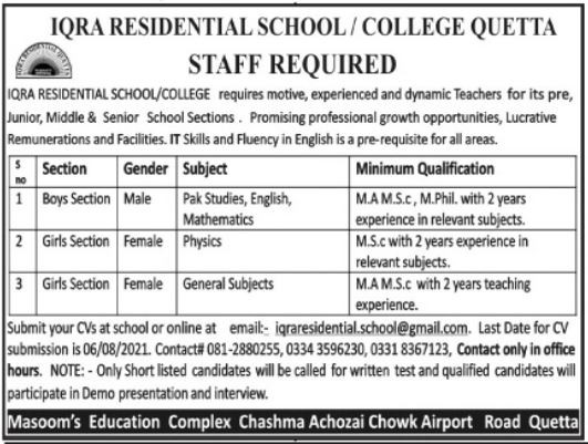 Iqra Residential School and Colleges Quetta Teaching Jobs 2021 ...