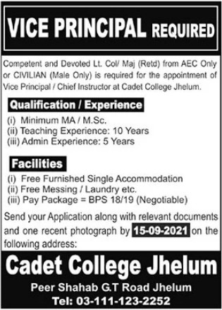 Vice Principal Jobs 2021 In Cadet College Jhelum 