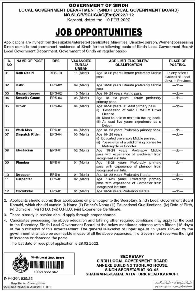 Local Government Department Sindh Latest Jobs 2022