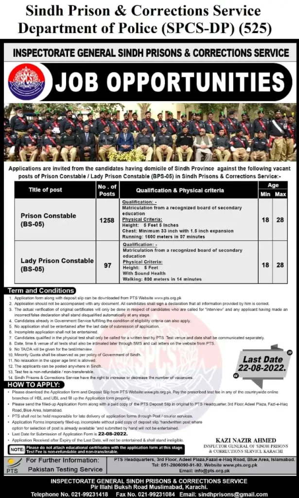 Sindh Police Jobs 2022 Prison Constable and ASI - Latest PTS Jail 1500+ Vacancies
