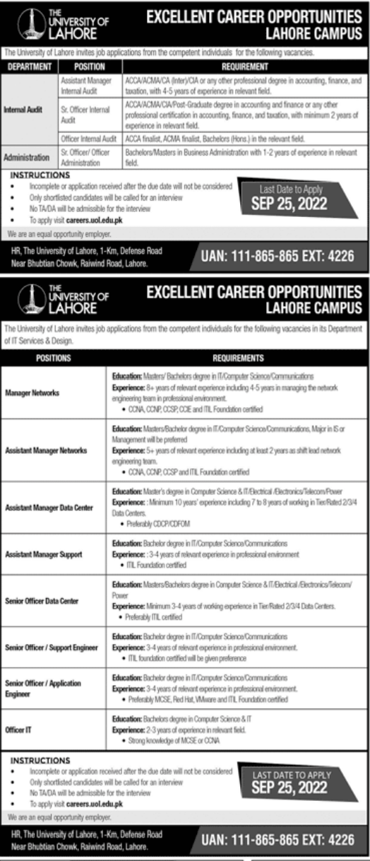 University of Lahore UOL Jobs 2022 – Latest Vacancies Online Apply