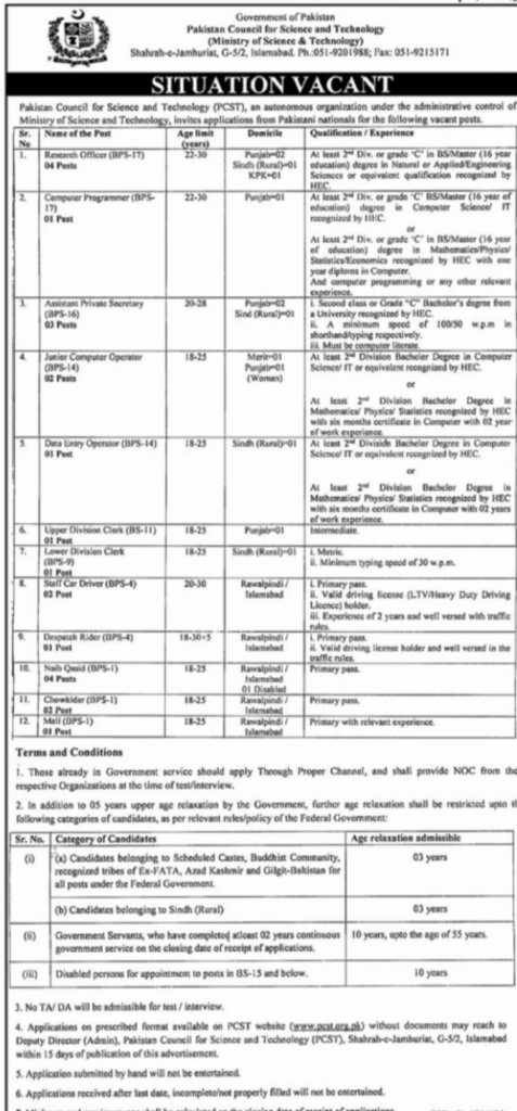 Ministry of Science and Technology MOST Jobs 2023-Latest Vacancies