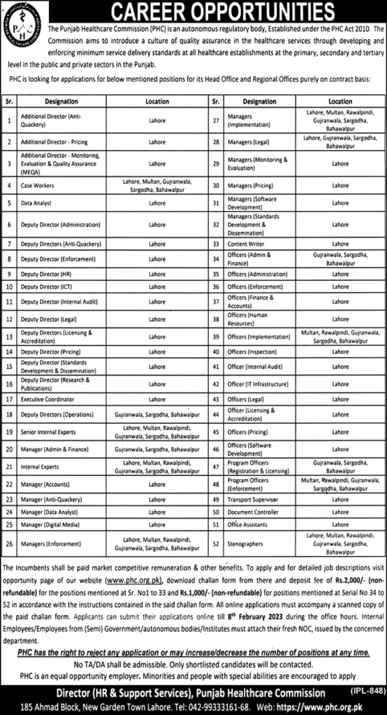 Punjab Healthcare Commission Jobs 2023 - Latest Vacancies Apply Online